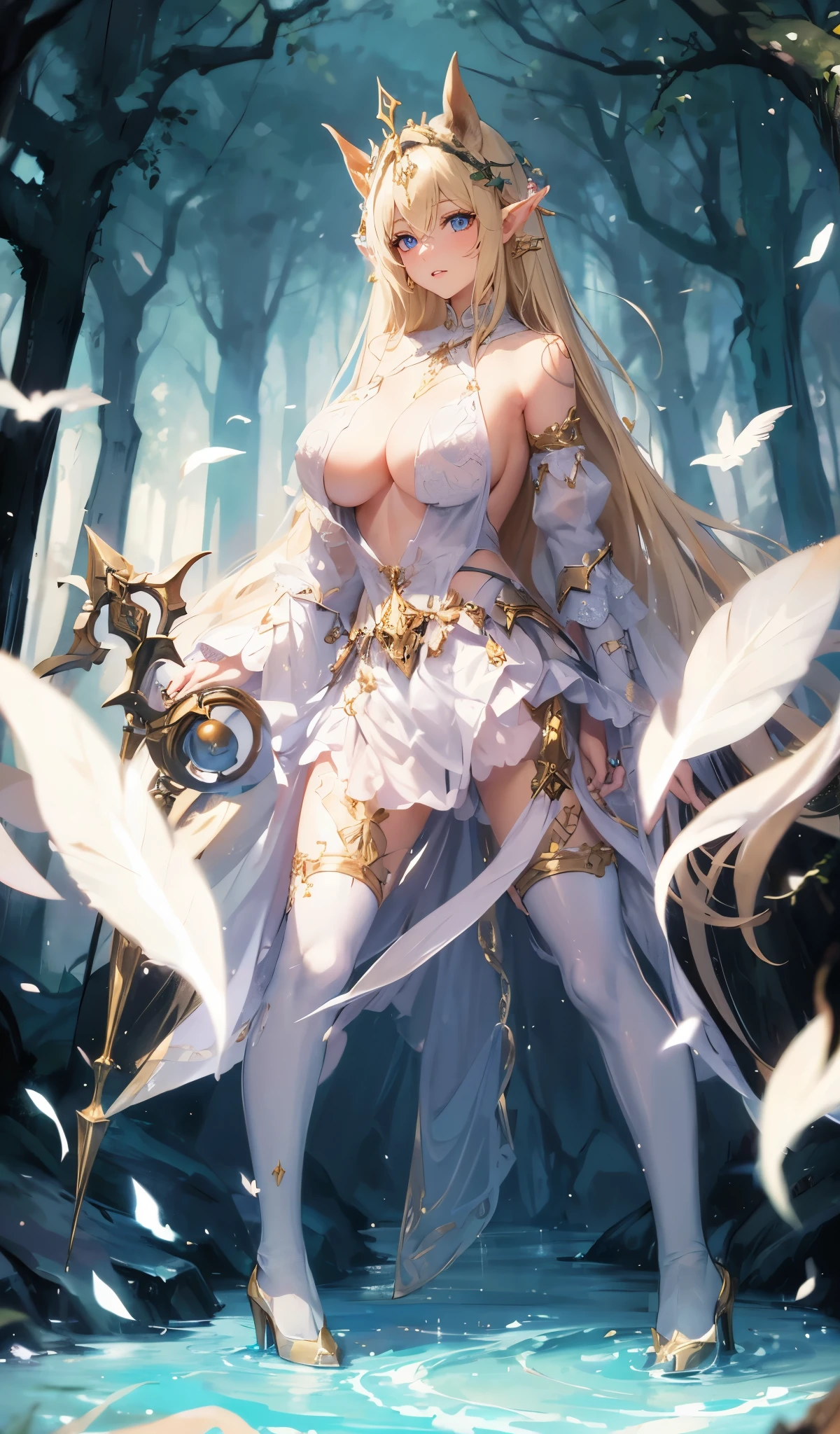 closeup cleavage, The world of elf forest, Elf noble sister, Blonde hair with long straight hair, Wearing an aristocratic hood, White-colored skin, long elf ears, head chain, humanoid creature, camel top, Her skin is white and rosy, brown skin tone, 黑The eye,messy hair,high-heels , leg loops, jeweled skirt, Tattoos are,bag on back