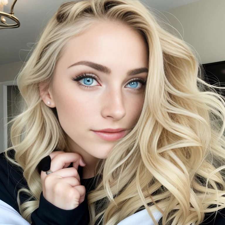 blond woman with freckled hair and a black top posing for a picture, long blonde hair and large eyes, pale skin curly blond hair, blonde hair and large eyes, a girl with blonde hair, alexa grace, kaitlyn michelle siragusa, long blonde hair and big eyes, kailee mandel, curly blonde hair | d & d, beautiful blonde girl
