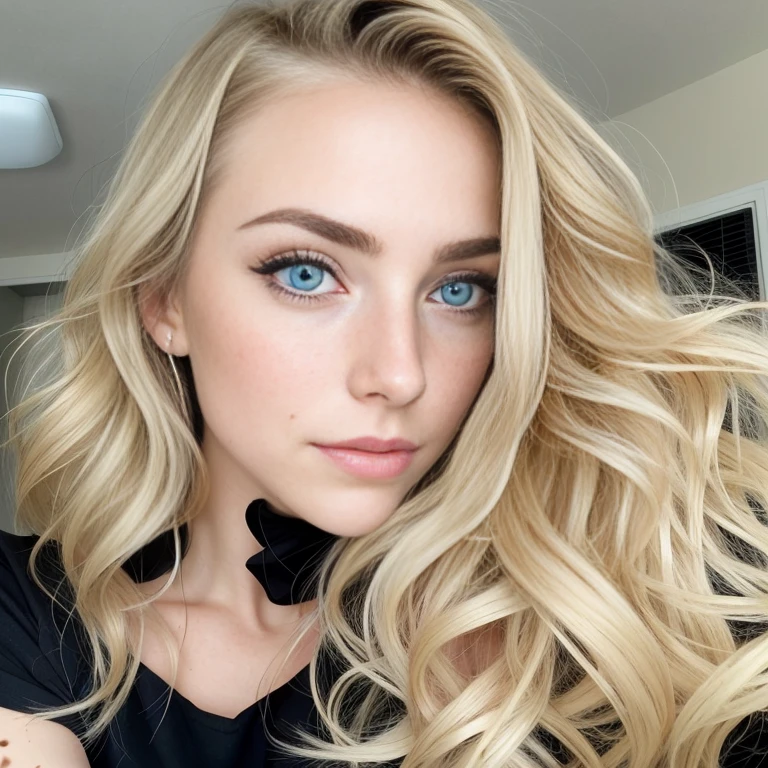 blond woman with freckled hair and a black top posing for a picture, long blonde hair and large eyes, pale skin curly blond hair, blonde hair and large eyes, a girl with blonde hair, alexa grace, kaitlyn michelle siragusa, long blonde hair and big eyes, kailee mandel, curly blonde hair | d & d, beautiful blonde girl