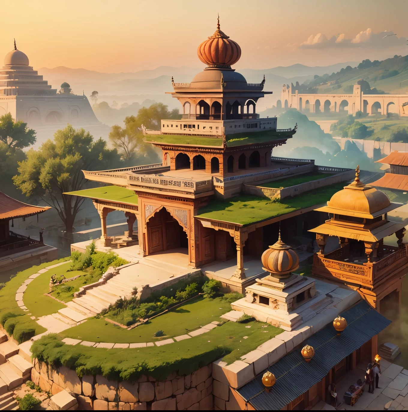 Create a mesmerizing AI-generated image that transports viewers to the enchanting world of ancient India. Picture a sprawling landscape adorned with intricate temples, bustling marketplaces, and vibrant gardens. Capture the essence of daily life with people engaged in traditional activities, from meditative practices to vibrant celebrations. Infuse the scene with warm, earthy tones to evoke the rich cultural tapestry, inviting viewers to step into a bygone era of wisdom, spirituality, and timeless beauty in ancient India." --auto --s2