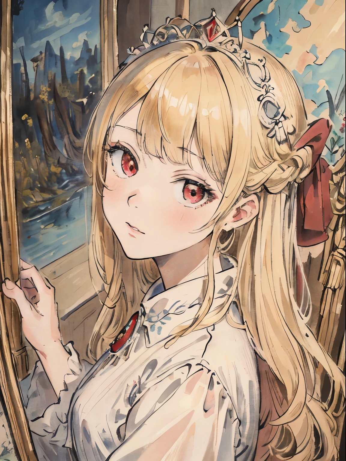 masterpiece, best quality, an extremely delicate and beautiful girl,an extremely delicate and beautiful, world masterpiece theater, ultra-detailed, highly detailed, best quality, blonde hair, highres, extremely detailed,1girl, best quality, illustration, looking at viewer, impasto, canvas, oil painting, realistic, realist ,real, red eyes
