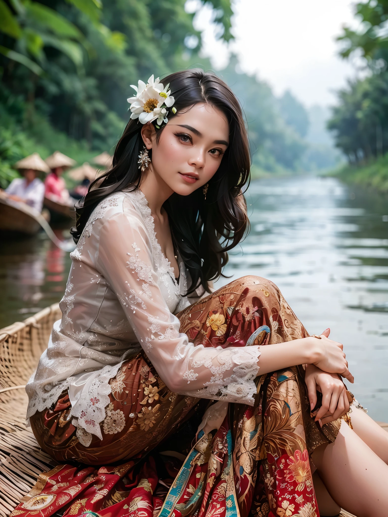 arafed woman sitting on a boat in a river with a flower in her hair, traditional beauty, beautiful oriental woman, vietnamese woman, gorgeous woman, beautiful asian woman, gorgeous lady, beautiful asian girl, sukhothai costume, south east asian with long, dramatic smile pose intricate, asian woman, traditional art, beautiful woman, traditional, an asian woman, traditional clothes, masterpiece, best quality:1.2),,(8k,highres,RAW photo,realistic,photo-realistic:1.3),(detailed skin texture,detailed cloth texture,beautiful detailed face:1.25),professional lighting,photon mapping,beautiful soft light,radiosity,physically-based rendering,raytracing, model shoot style, model shoot style, (extremely detailed CG unity 8k wallpaper), full shot body photo of the most beautiful artwork in the world,