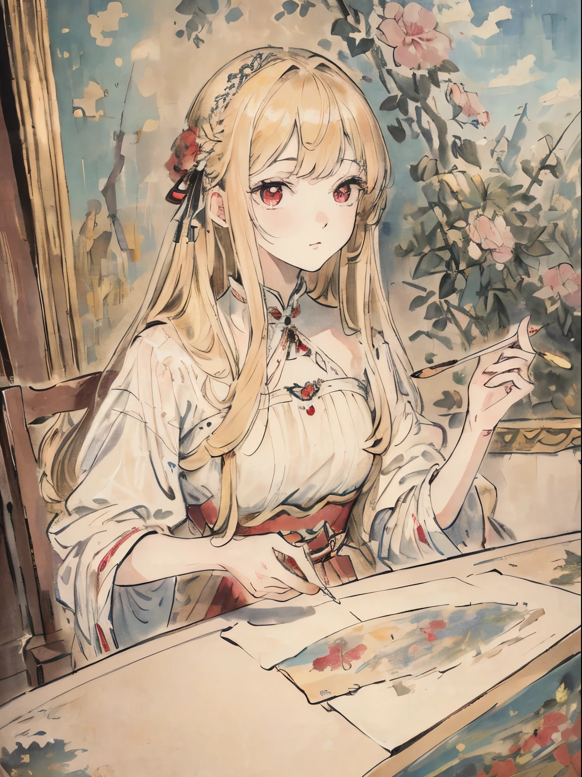 masterpiece, best quality, an extremely delicate and beautiful girl,an extremely delicate and beautiful, world masterpiece theater, ultra-detailed, highly detailed, best quality, blonde hair, highres, extremely detailed,1girl, best quality, illustration, looking at viewer, impasto, canvas, oil painting, realistic, realist ,real, red eyes
