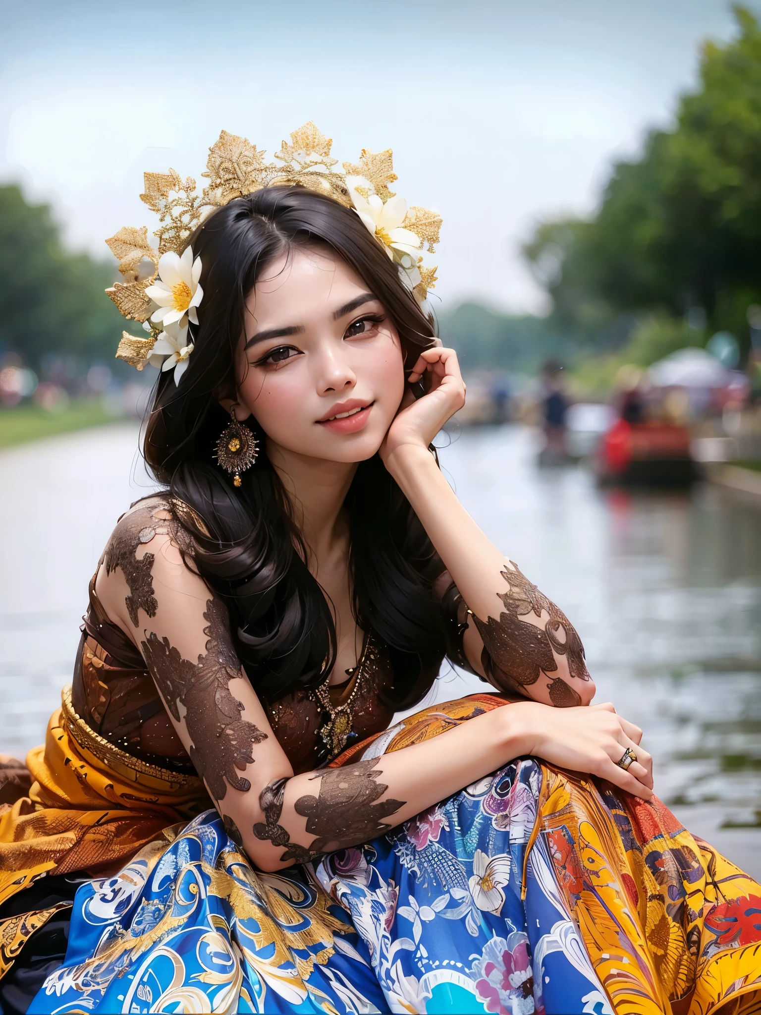 arafed woman sitting on a boat in a river with a flower in her hair, traditional beauty, beautiful oriental woman, vietnamese woman, gorgeous woman, beautiful asian woman, gorgeous lady, beautiful asian girl, sukhothai costume, south east asian with long, dramatic smile pose intricate, asian woman, traditional art, beautiful woman, traditional, an asian woman, traditional clothes, masterpiece, best quality:1.2),,(8k,highres,RAW photo,realistic,photo-realistic:1.3),(detailed skin texture,detailed cloth texture,beautiful detailed face:1.25),professional lighting,photon mapping,beautiful soft light,radiosity,physically-based rendering,raytracing, model shoot style, model shoot style, (extremely detailed CG unity 8k wallpaper), full shot body photo of the most beautiful artwork in the world,