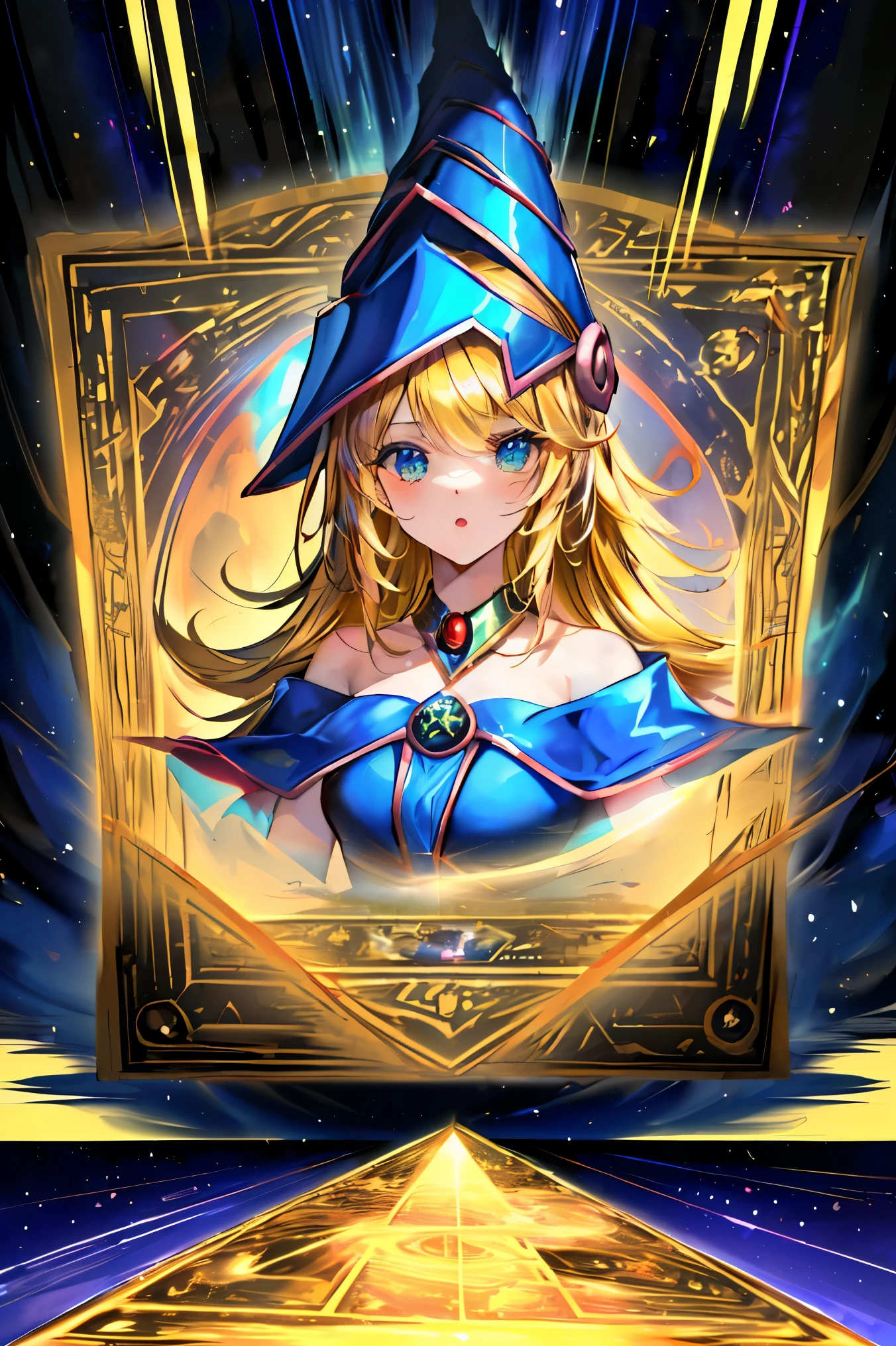 Un mago negro flotando tiernamente, magical aura, Fantastic background, Runas brillantes, (( una carta de Yu-Gi-Oh debajo)), giving the impression that she has been summoned,epic composition, (Intrincado alto detalle), (complex design, Ultra-detalles :1.2), Art Station, (obra maestra, la mejor calidra HD, 32K ,octanaje renderizado, bioluminiscente,8K concept art resolution, realismo,por Mappa studios,obra maestra,la mejor calidad,Arte oficial,illustration,clear line,(Fresco_Color),Perfectcomposition,Absurdo, fantasy,( debajo hay un mapa de Yu-Gi-Oh), Diagramas