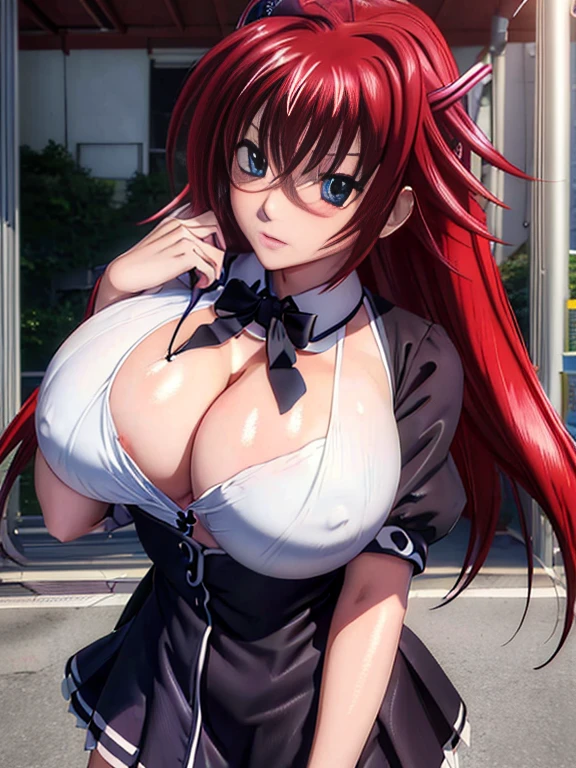 a 20 yo woman、(masterpiece:1.4)、(in 8K、realisitic、Raw photo、top-quality:1.4)、(Real Face:1.4)、(real looking skin:1.3)、超A high resolution、A hyper-realistic、Red twintails、White collared open to show cleavage shirt、no-bra、Dark blue mini skirt、(huge-breasted:1.5), huge cleavage, Blushing、alluring face、Embarrassed look、In front of the school gate、to stand