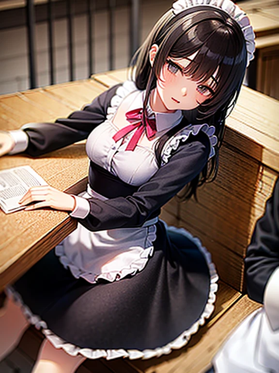 Guy and girl are best friends, They look about 20 years old, they are sitting in the library. The guy has short black hair and is wearing a school uniform......., the girl has long brown hair and gray eyes, dressed in a maid uniform and with cat ears. The guy fell asleep at the table with his eyes closed, and the girl tries to wake her up