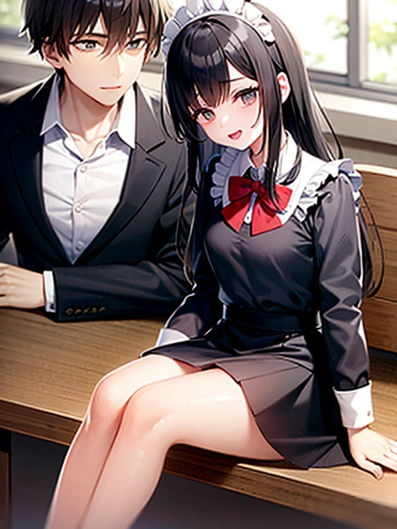 Guy and girl are best friends, They look about 20 years old, they are sitting in the library. The guy has short black hair and is wearing a school uniform......., the girl has long brown hair and gray eyes, dressed in a maid uniform and with cat ears. The guy fell asleep at the table with his eyes closed, and the girl tries to wake her up