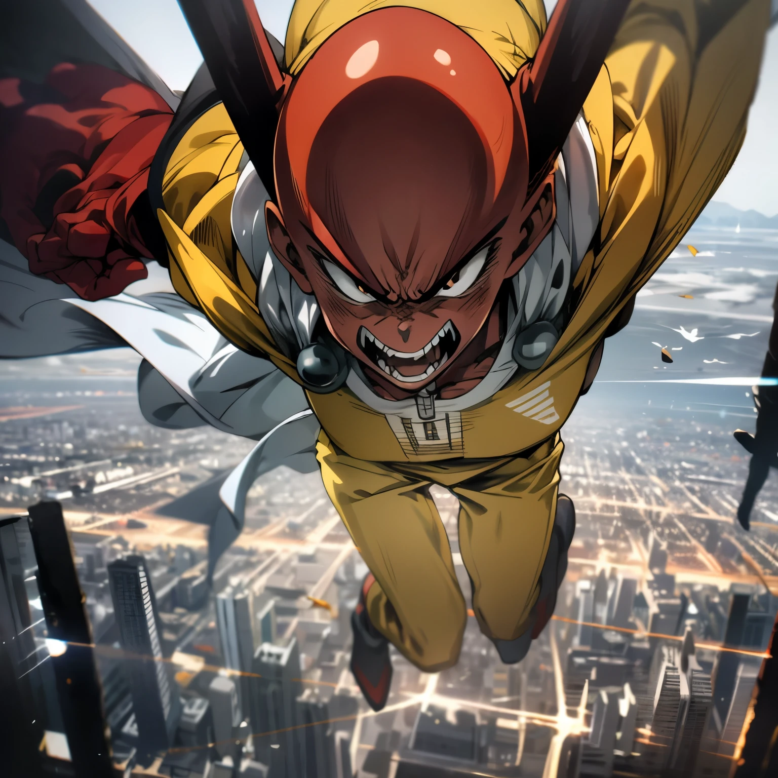 masterpiece, best quality, 1boy, (saitama), bald hair, black eyes, red gloves, yellow clothes, white cape, flying, angry face, aura power, night, natural light, flying, angry eyes, angry face, male focus, strong muscles, movie composition, flying, bokeh, (futuristic), (full body), city view, flying above the city, scary look, godly strenght