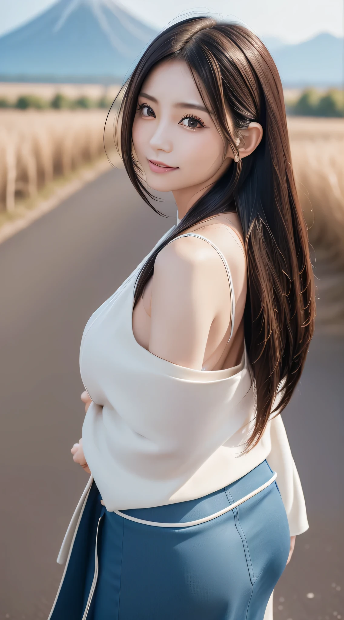 (Refreshing smile:1.5),(Look at viewers:1.1),(hide one's hands:2.0),(Beautiful Japan Woman),(hair behind ear, hair over shoulder, straight haired, Long hair, strong wind in the hair:1.5), ( High neck sleeveless , tight skirts:1.5), (high-heels;1.3), detailed clothes, (Perfect female body), (Narrow waist:1.5), (Bust Up Portrait:1.3), Dynamic Pose, Cinematic Light, Sugarcane fields