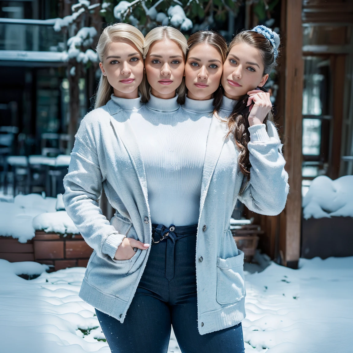(((3 heads, Best Quality:1.4), (modernity), thick-thighs, wide thighs, but very wide waist)),(obese),(Shot Full Body), 1male, feminine face, hairlong, pulled into a ponytail to one side,独奏, ass pov, Masterpiece, SFW, Stunning , Thick-rimmed glasses, (Standing:1.1), dynamicpose, (бордово-зеленая рубашка с глубоким вырезом и jacket оверсайз с высоким воротником , Black women'jacket :1.4), (tight White trousers for the office, White trousers for the office: 1.4), (((((Big bulge))))),(красно-зеленая jacket: 1.4), (Long Platinum Blonde Hair, pulled into a ponytail to one side), long curly red hair, pulled into a ponytail to one side,Bangs, heart shaped face, Elegant face, beatiful face, freckles, highly detail face, high-detailed skin, pores skin, sub-surface Scattering, (Details of blue eyes), Realistic pupils, no facial hair, no body hair, (((Big bulge))),A loving smile, looking at the audience, Full blush, plump lips, Holding a wallet in your hands, centered, , in the snowy winter courtyard of a typical American winter suburb, windy, Detailed background, Depth of field, atmospheric perspective, voluminous lighting, Clear Focus, Absurd, Realistic Proportion, good anatomy, (Realistic, Hyper-realistic:1.4), 16K HDR,(3 heads)