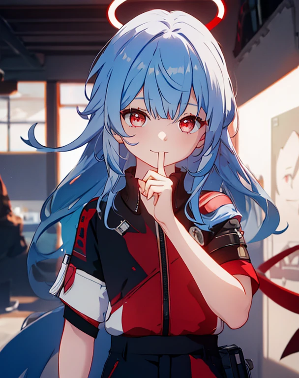 1girl with a Smile, long hair, blue hair 1boy Ton168 red halo, Red shirt white sleeves red eyes kissing girl