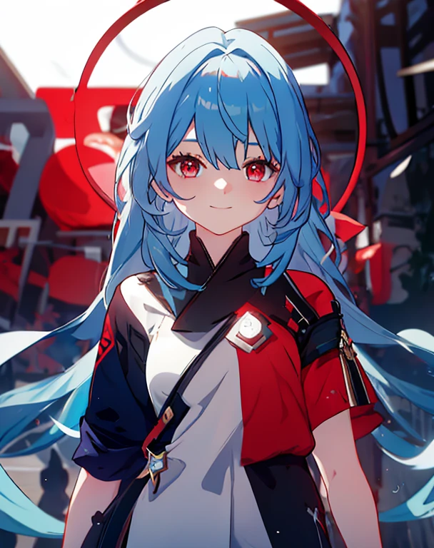 1girl with a Smile, long hair, blue hair 1boy Ton168 red halo, Red shirt white sleeves red eyes kissing girl