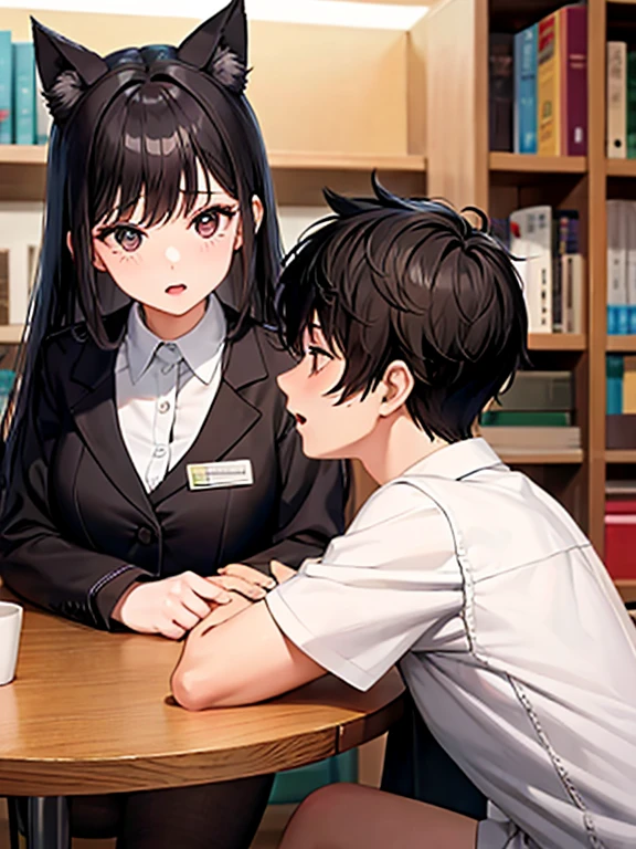 Guy and girl are best friends, They look about 20 years old, they are sitting in the library. The guy has short black hair and is wearing a school uniform., and the girl has long brown hair and gray eyes, dressed in a maid uniform and with cat ears. The guy fell asleep at the table with his eyes closed, and the girl tries to wake her up