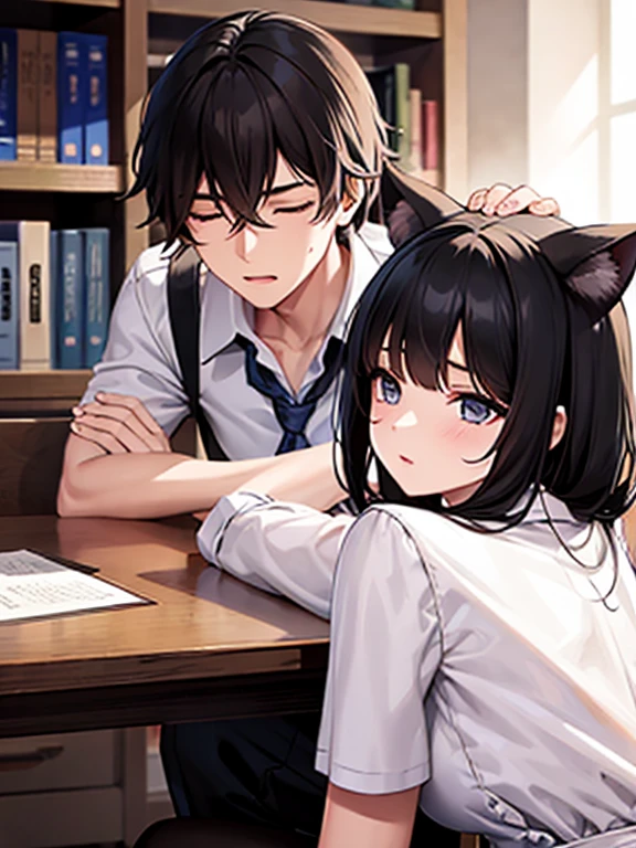 Guy and girl are best friends, They look about 20 years old, they are sitting in the library. The guy has short black hair and is wearing a school uniform., and the girl has long brown hair and gray eyes, dressed in a maid uniform and with cat ears. The guy fell asleep at the table with his eyes closed, and the girl tries to wake her up