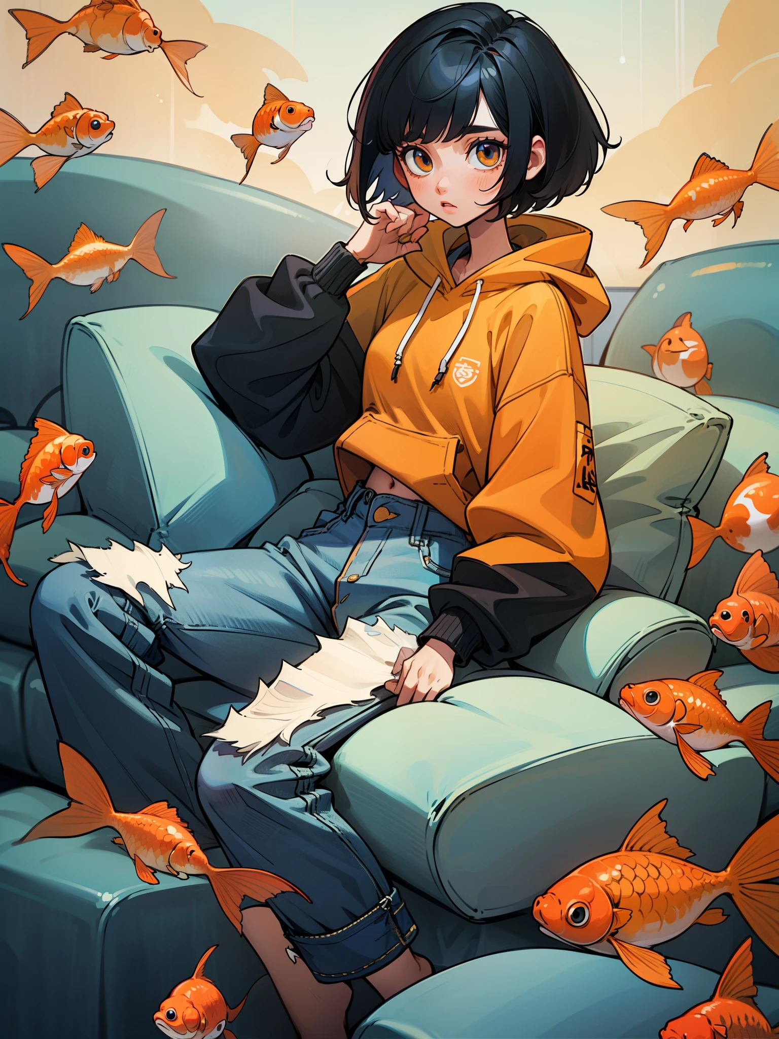 A woman with short black hair and bob is sitting on the sofa in the room、A baggy hoodie and jeans、There are many goldfish floating in the room.
