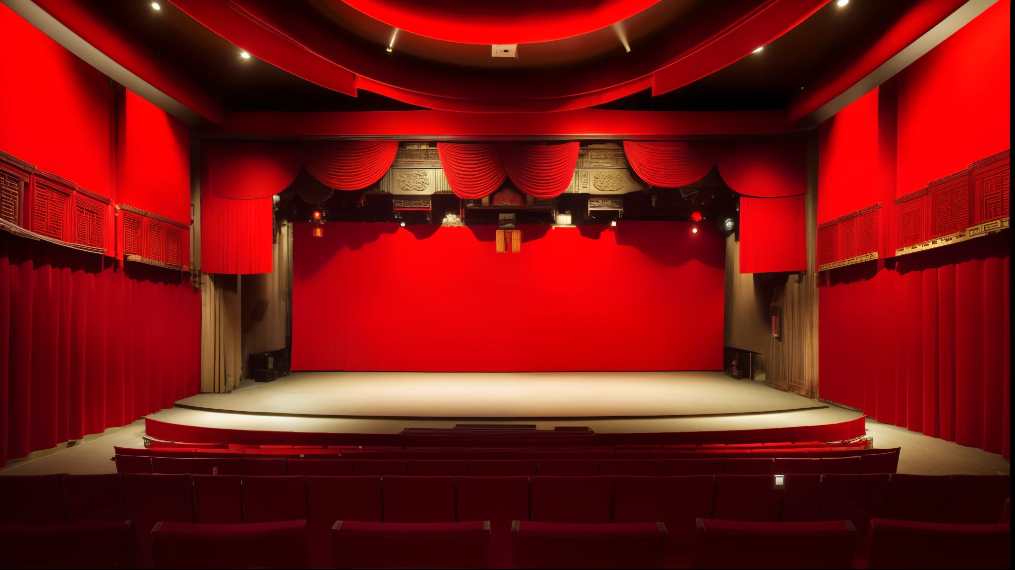 arafed view of a Chinese ancient theater with red seats and a red curtain, photo of a huge theater stage, photo of a big theater stage, theatre stage, theater stage, theatrical, theatrical scenery, footage of a theater stage, theatrical!, empty stage, theater, theatre equipment, epic theater, [ theatrical ], theater curtains are red, an old cinema, set photo