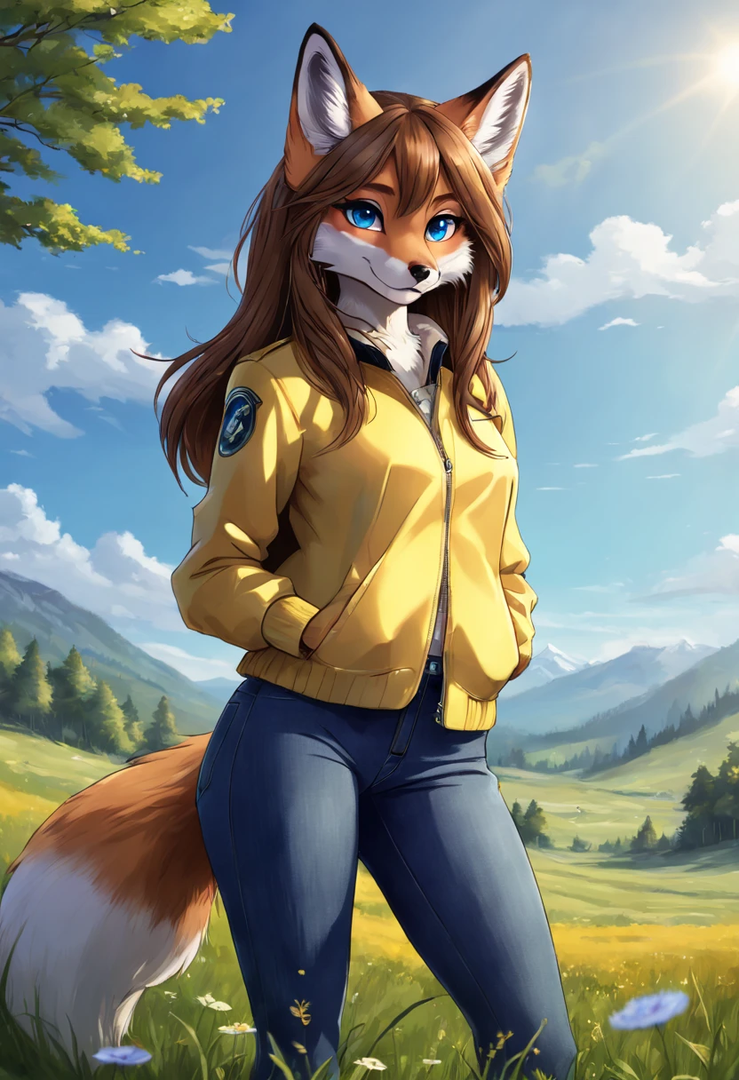 Ultra-high quality,4k,8k, Anthropomorphic fox, female, furry and fluffy with high details, long brown hair, have a blue eyes and ultra-detalled, have a defined body, wearing a yellow jacket, wearing short blue jeans, standing in grass and in the background a meadow, art style 2d.