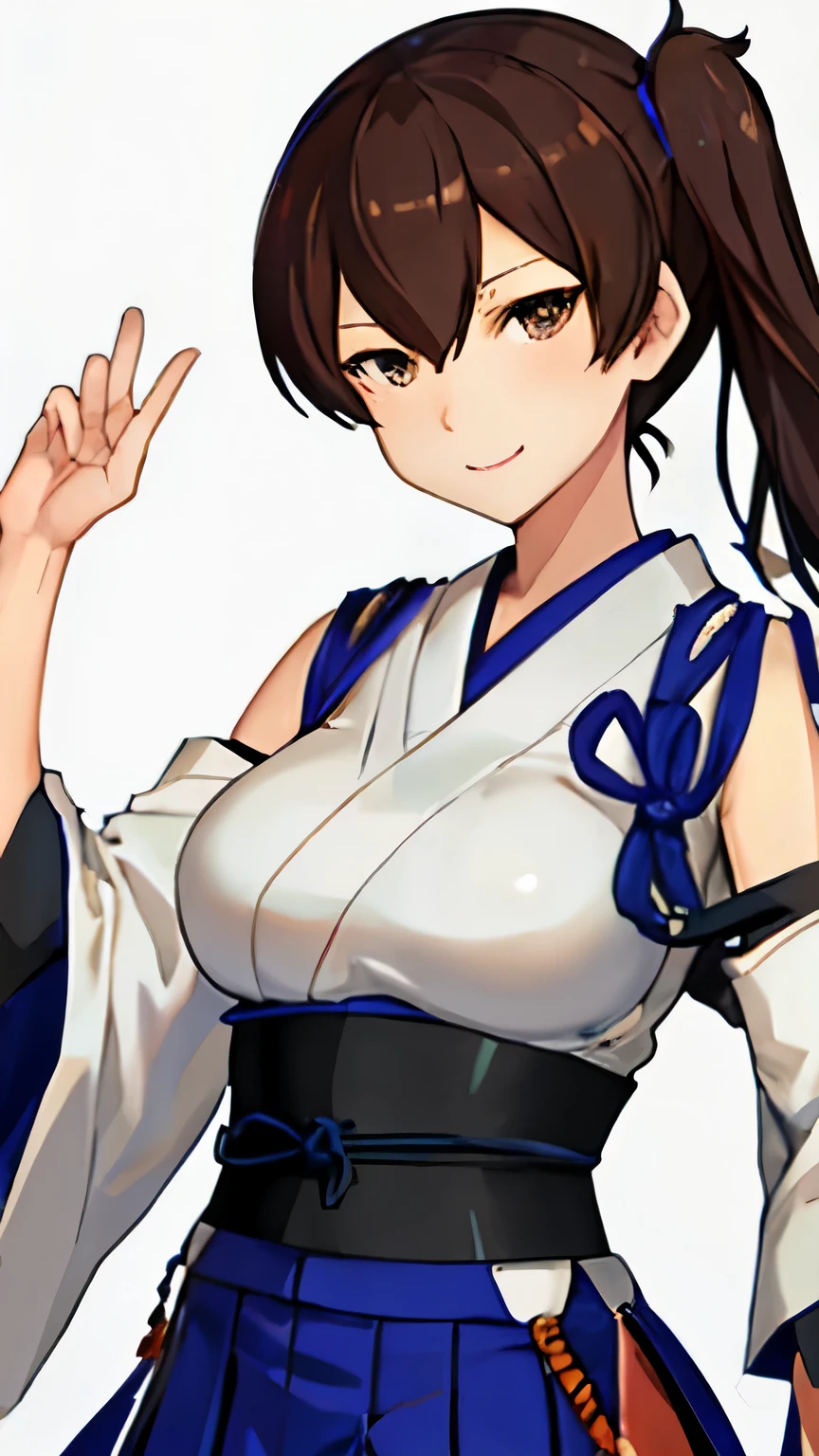 Best Quality, masutepiece, hight resolution, Solo, {Kaga_Kantai Collection:1.15}, long_hair, brown_hair, brown_Eyes, muneate, tasuki, Smile, 1girl in , Japanese_Clothes, distortion, , outstretched_Highly detailed arms、extremely detailed eye、extra detailed face、Insanely detailed body、Insanely detailed skin 妖艶な表情 backrooms big bust