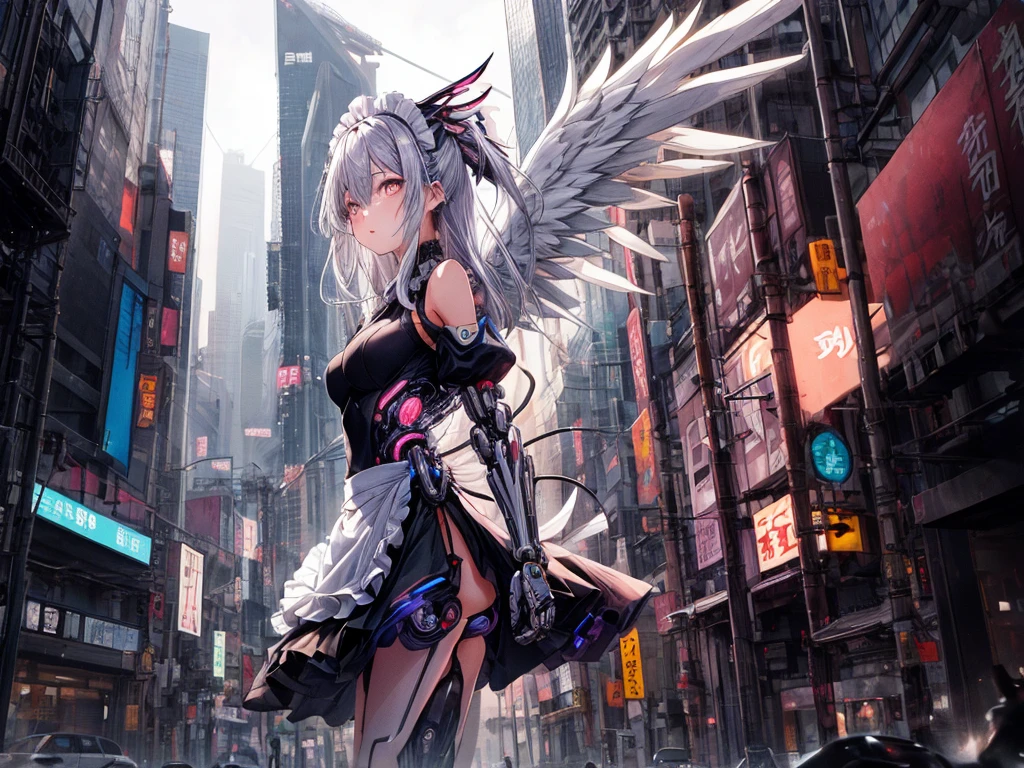 top-quality、ighly detailed、​masterpiece、ultra-detailliert、illustratio、((1girl in))、silber hair、length hair、Floating hair、、Cyber City、Neon building、(The upper part of the body:1.05)、extremely_Detailed_Eyes_And_Face,cybernetic wings mechanical wings、Random posture、Skyscraper、、Mechumusume、shrine maiden clothe,maid clothes、Random angles、anime styled,cowboy  shot