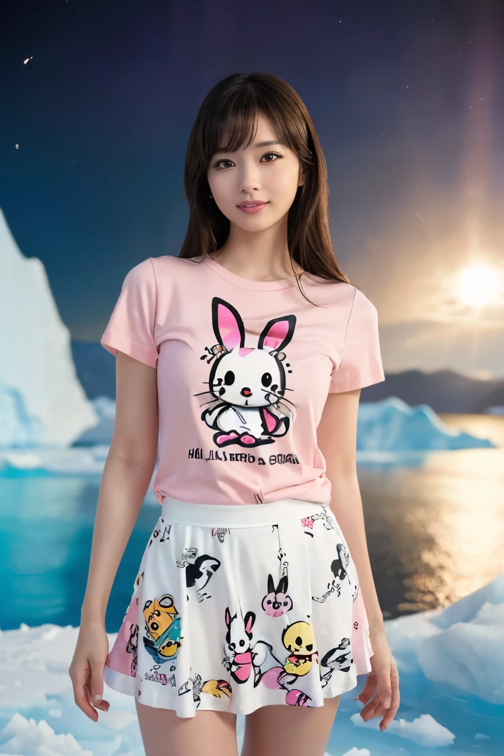 ((masutepiece:1.4, Best Quality)), (photos realistic:1.4), ((1girl in)), ((20yr old)), (Ultra High Resolution:1.2), Extremely delicate and beautiful, amazing, the Extremely Detailed CG Unity 8K Wallpapers, Ultra-detailed, High resolution, Soft light, Beautiful detailed girl, extremely detailed eye and face, beautiful detailed nose, Beautiful detailed eyes, (Wearing a shocking pink T-shirt、Print a Sanrio-style rabbit illustration:1.5), (Pink skirt:1.3), ((thighs thighs thighs thighs)), Lustrous black hair, Cinematic lighting, Perfect Anatomy, Slender body, (Standing in front of an iceberg in Antarctica at night:1.3), (Aurora Borealis in the Night Sky:1.3), Cute poses, Cowboy Shot, laugh very loud