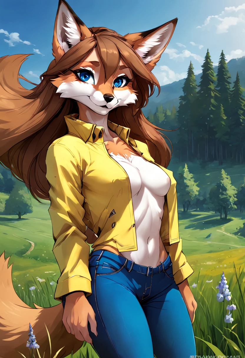 Ultra-high quality,4k,8k, Anthropomorphic fox, female, furry and fluffy with high details, long brown hair, have a blue eyes and ultra-detalled, have a defined body, wearing a yellow jacket, wearing short blue jeans, standing in grass and in the background a meadow, art style 2d.