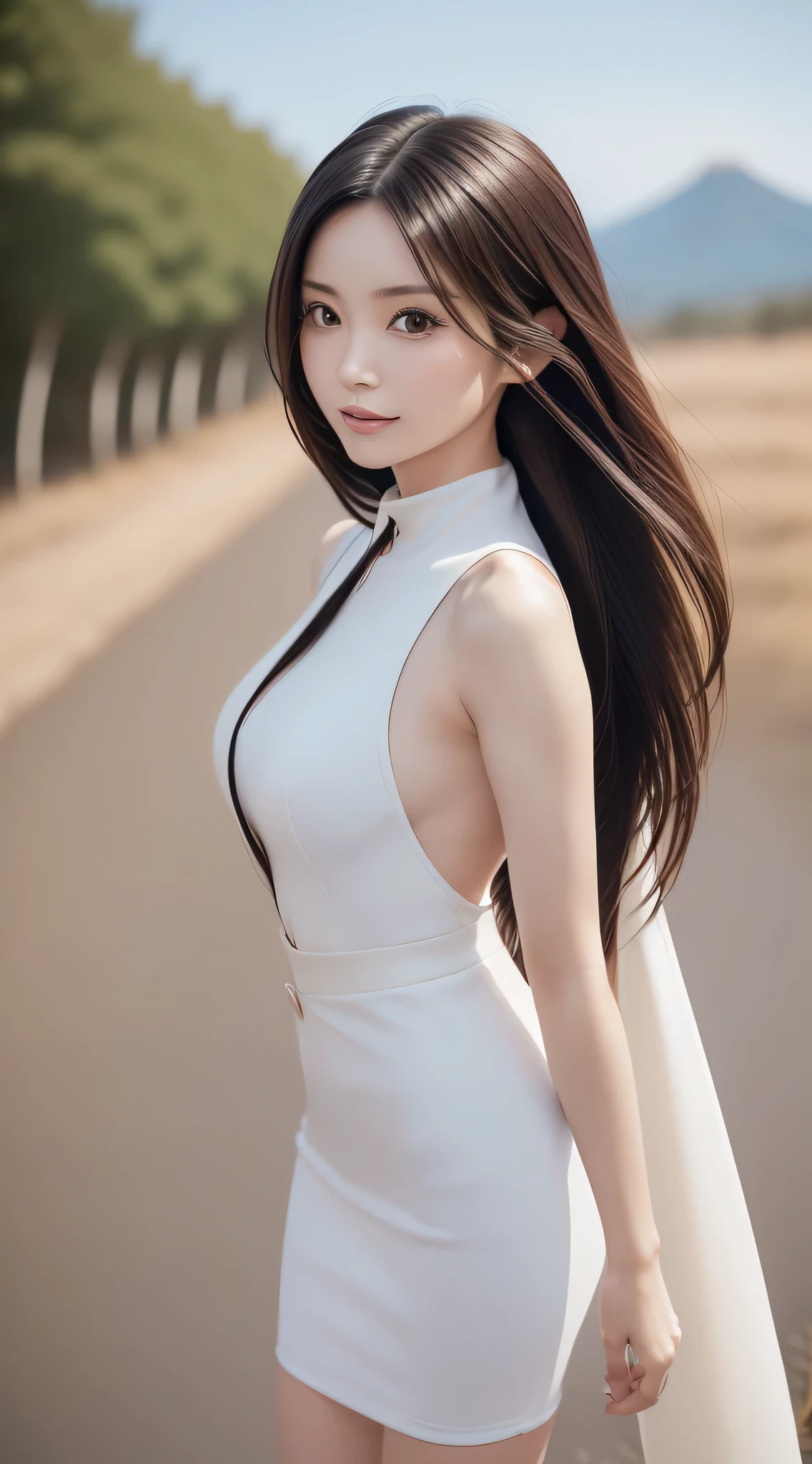 (Refreshing smile:1.5),(Look at viewers:1.1）,）（One Woman）,（hide one's hands:2.0）,(Beautiful Japan Woman）,Thin face and straight nose,（hair behind ear, hair over shoulder, straight haired, Long hair, strong wind in the hair:1.5), （ High neck sleeveless , tight skirts:1.5), （high-heels;1.3), detailed  clothes, (Perfect female body), (Narrow waist:1.5), (Bust Up Portrait:1.3),   Dynamic Pose, Cinematic Light, Sugarcane fields