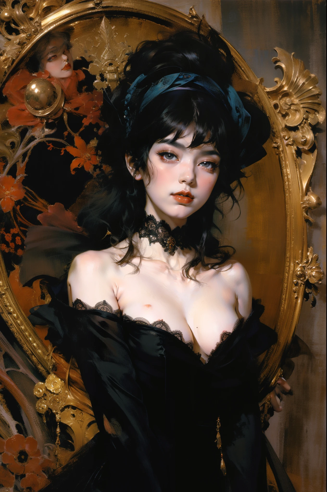 Mono Color,weight,NSFW,Upper body,A nude devil woman with a black and white body stocking dress holding a red lip stick,Satan,succubi,eBlue eyes,Clothes detailed patterns,lacivious pose,spread legitimacy,Detailed Gothic background,dark fantasy background,Inspired by Robert McGinnis, Inspired by Gretel Stern, Takato Yamamoto’s style, Guido Crepax, Guido Crepax-style, Amano, Vanya Zoravlev, inspired by Leonor Fini, Nagao Hidege, Inspired by Takato Yamamoto.Inspired by Klimt and Mucha. beautidful eyes, beautiful detailed lips, Extremely detailed eyes and face, Long eyelash quality:1.2), ultra - detailed, (actual:1.37), oil painted, Color contrast, A high resolution, Black and white dress, red lip stick, Inspired by Robert McGinnis, Inspired by Gretel Stern, Yamamoto Takashi style, Guido Crepax style, Amano-inspired, Vanya Zoravlev-inspired, Leonor Fini'of inspiration, Nagao Hidege-inspired, Inspired by Takato Yamamoto, vibrant with colors, dramatic lights, eye-catching composition, fun atmosphere, Feminine elegance.fege oil corp.,painting of a,Impresionismo