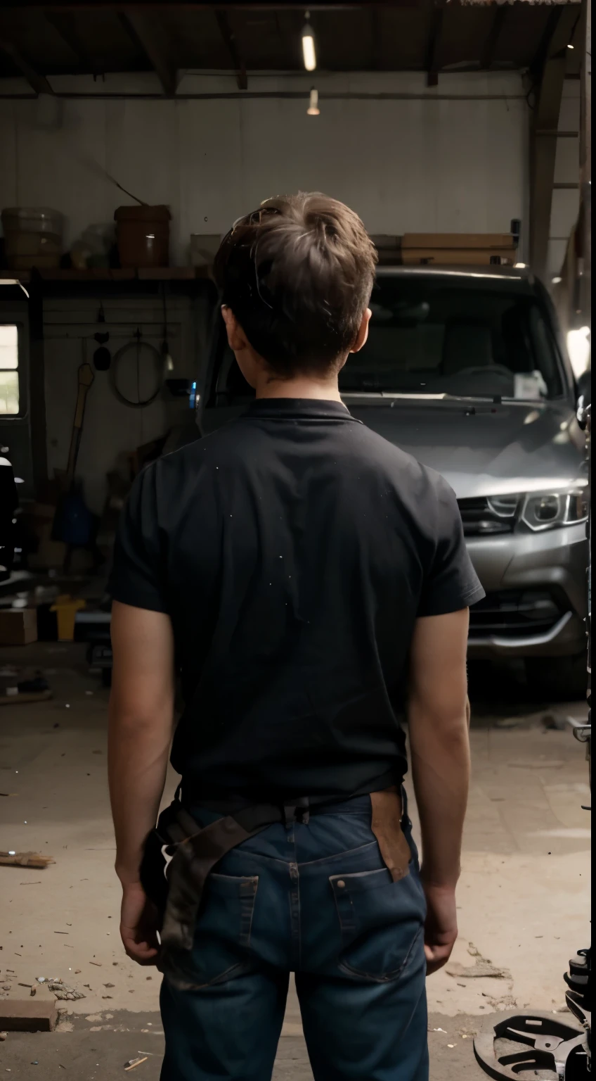 A man repairs the engine in a car, a man holding a wrench in his hand, a is standing next to him, the boy stands with his back in the frame, boy watching a man work, workshop in the background, 8k, Super realism, Very High Definition, great quality, Ultra Quality, high quality model