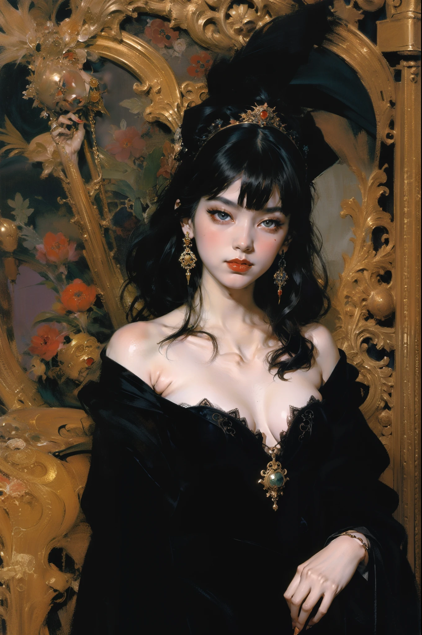 Mono Color,weight,NSFW,Upper body,A nude devil woman with a black and white body stocking dress holding a red lip stick,Satan,succubi,eBlue eyes,Clothes detailed patterns,lacivious pose,spread legitimacy,Detailed Gothic background,dark fantasy background,Inspired by Robert McGinnis, Inspired by Gretel Stern, Takato Yamamoto’s style, Guido Crepax, Guido Crepax-style, Amano, Vanya Zoravlev, inspired by Leonor Fini, Nagao Hidege, Inspired by Takato Yamamoto.Inspired by Klimt and Mucha. beautidful eyes, beautiful detailed lips, Extremely detailed eyes and face, Long eyelash quality:1.2), ultra - detailed, (actual:1.37), oil painted, Color contrast, A high resolution, Black and white dress, red lip stick, Inspired by Robert McGinnis, Inspired by Gretel Stern, Yamamoto Takashi style, Guido Crepax style, Amano-inspired, Vanya Zoravlev-inspired, Leonor Fini&#39;of inspiration, Nagao Hidege-inspired, Inspired by Takato Yamamoto, vibrant with colors, dramatic lights, eye-catching composition, fun atmosphere, Feminine elegance.fege oil corp.，painting of a，Impresionismo