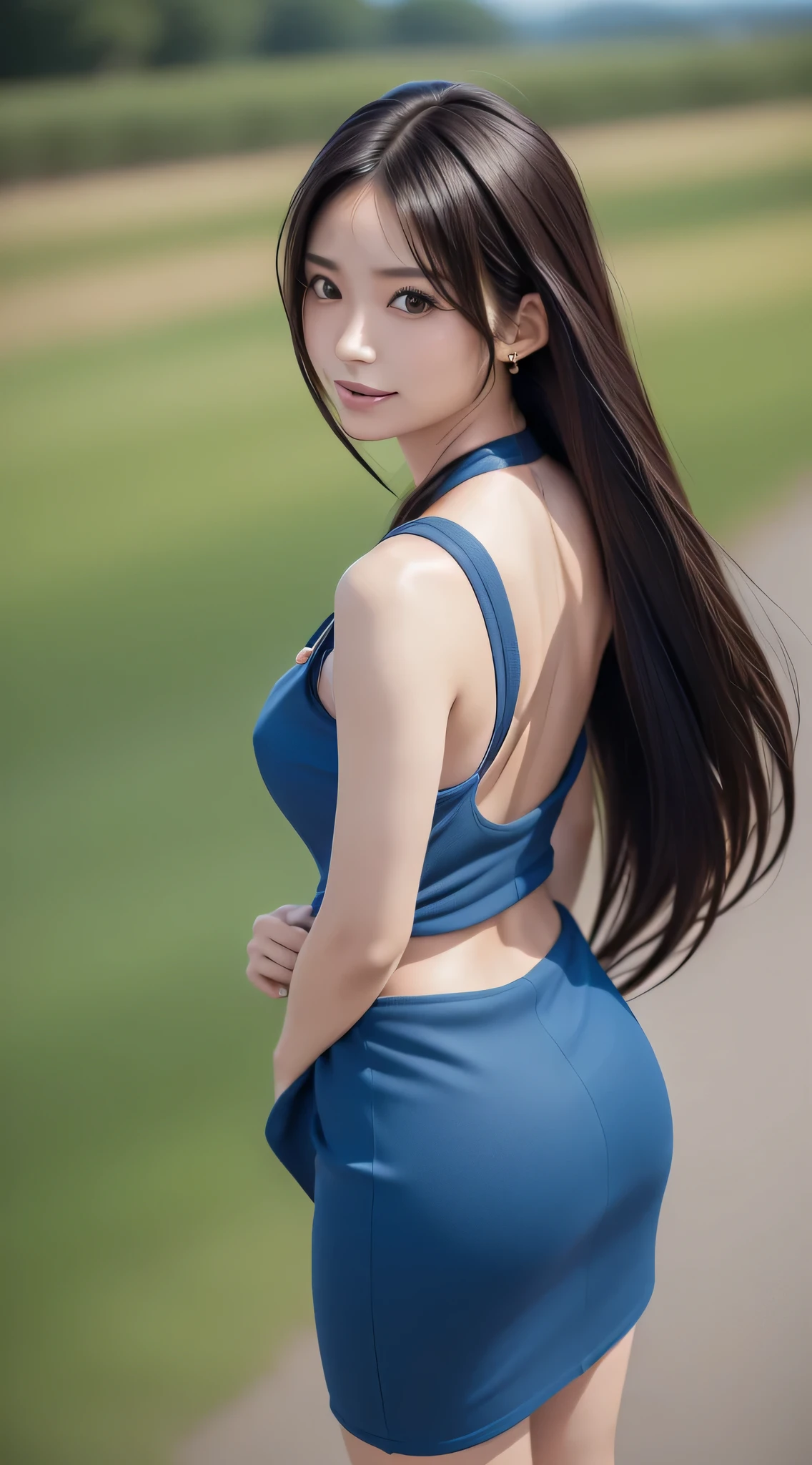 (Refreshing smile:1.5),(Look at viewers:1.1),)(1 female),(hide one's hands:2.0),(Beautiful Japan Woman),(hair behind ear, hair over shoulder, straight haired, Long hair, strong wind in the hair:1.5), ( High neck sleeveless , tight skirts:1.5), (high-heels;1.3), detailed clothes, (Perfect female body), (Narrow waist:1.5), (Bust Up Portrait:1.3), Dynamic Pose, Cinematic Light, Sugarcane fields