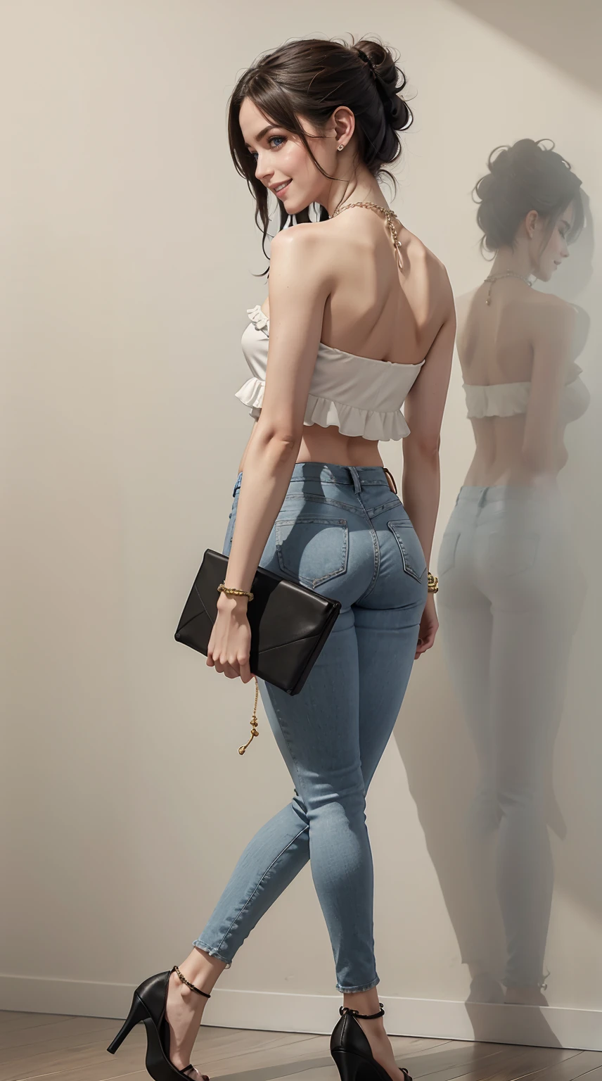 26 year old white woman、Hair is brunette、Eye color is blue、Longhaire、Slender but well-proportioned muscular body、She is wearing a frilly one-shoulder top.、wearing skinny jeans、wearing a rosary necklace、accessories on the wrist、setting hair、I'm wearing high heels、a smile、I have a clutch bag、Art stands with its back to the wall on which it is written.