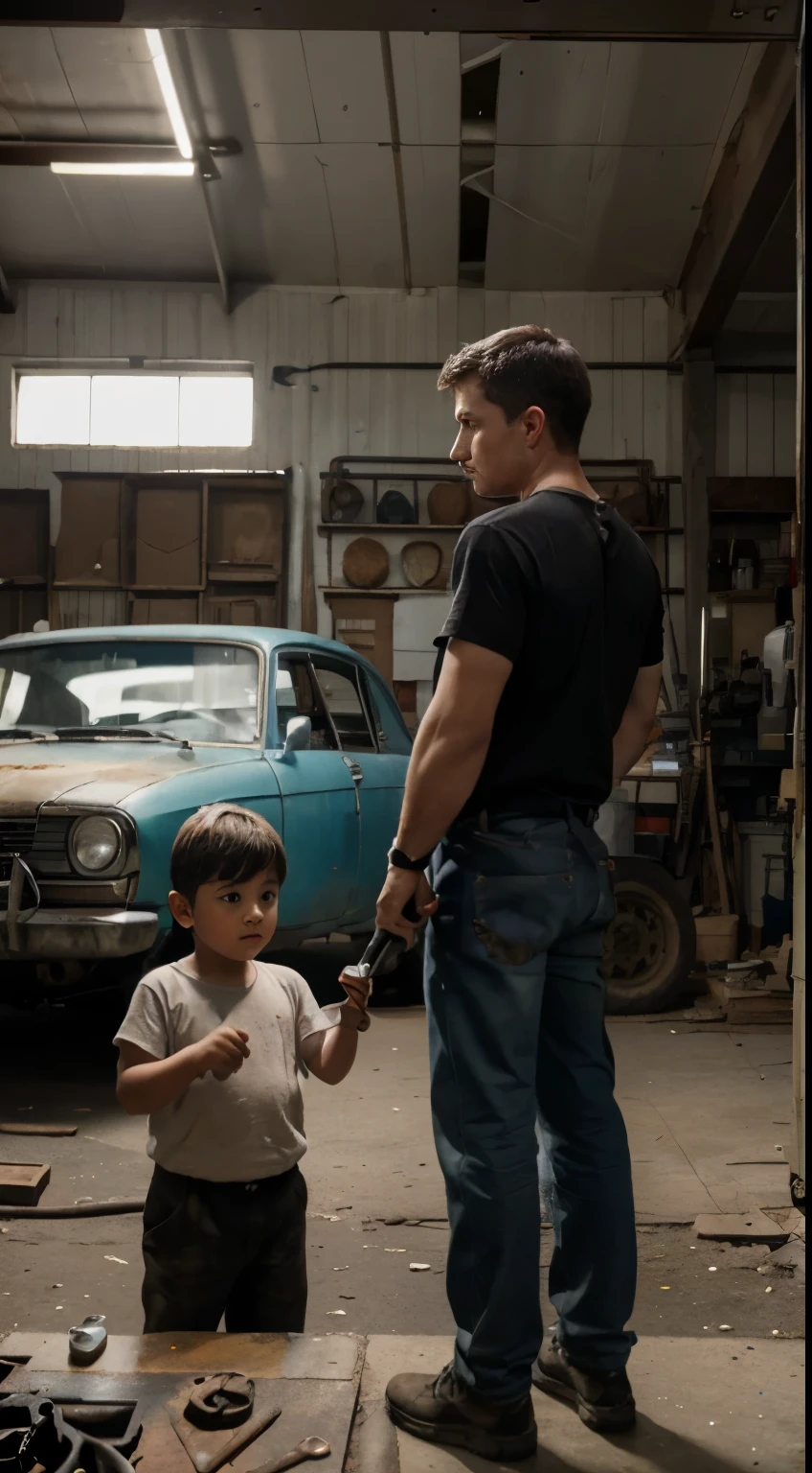 A man repairs the engine in a car, a man holding a wrench in his hand, a  is standing next to him, the boy stands with his back in the frame, boy watching a man work, workshop in the background, 8k, Super realism, Very High Definition, great quality, Ultra Quality, high quality model