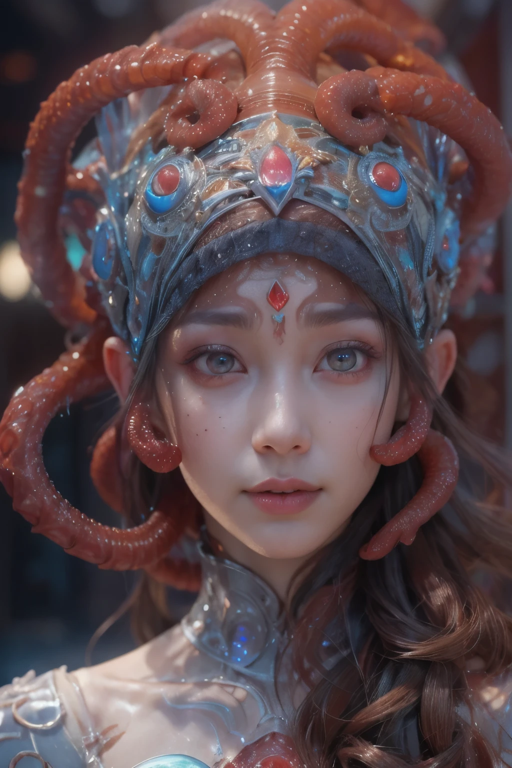 Portrait, (beautiful female alien:1.2), (There is a female genital-like organ in the middle of the forehead:1.8), (The most beautiful face in the history of the universe:1.2), (scarlet eyes:1.6), (Translucent skin:1.8), an evil gaze that seduces , (red eyes:1.5), Full body like, (sexypose:1.5), alien, No humans, cells are fused, (Lots of translucent tentacles:1.1) (Translucent skin:1.3), extraterrestrial, cell, bio image, 魅惑的, Best Quality, 8K,4K_quality, high definition, Dramatic Lighting, masutepiece:1.5,cinematic quality, detail up, (Intricate details:1.2), high resolution, High Definition, drawing faithfully, (Thick eyebrows:1.2), Beautiful eyes with fine symmetry, (Ultra detailed eyes:1.2),(Highly detailed face and eyes:1.2), (High-resolution red-eye:1.4), Intimate face, (Super detailed skin quality feeling:1.4), Perfect Anatomy, (Beautiful toned body:1.5), (Moist skin:1.2), No makeup, (dark circles:1.1), long canines, cinematic drawing of characters, ultra high quality model, cinematic quality, detail up, (Intricate details:1.2), high resolution, High Definition, drawing faithfully, Official art, Unity 8K wall , 8K Portrait, Best Quality, Very high resolution, ultra detailed artistic photography, midnight aura, unreal engine 5, Ultra Sharp Focus, art by alberto seveso, ArtGerm, Roisch, intricate artwork, Medusa, best quality, masterpiece, ultra high resolution, (photos realistic:1.4), Ultra-realistic realism, dream-like, nautilus, Creation of fantasy, Snail, Dream Snail, biopunk nautilus, thrilling color schemes, Ultra-realistic realism, seductively smiling, blue tentacles