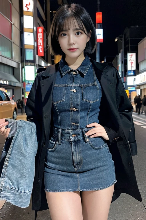 (((Tokyo at night,denim,Black coat,Little big,))),((japanes,femele,cute little)),(clean,short-hair),(top-quality,​masterpiece:1.3,超A high resolution),(ultra-detailliert,Caustics),(Photorealsitic:1.4,RAW shooting,)Ultra-realistic capture,A highly detailed,High resolution 16K resolution
