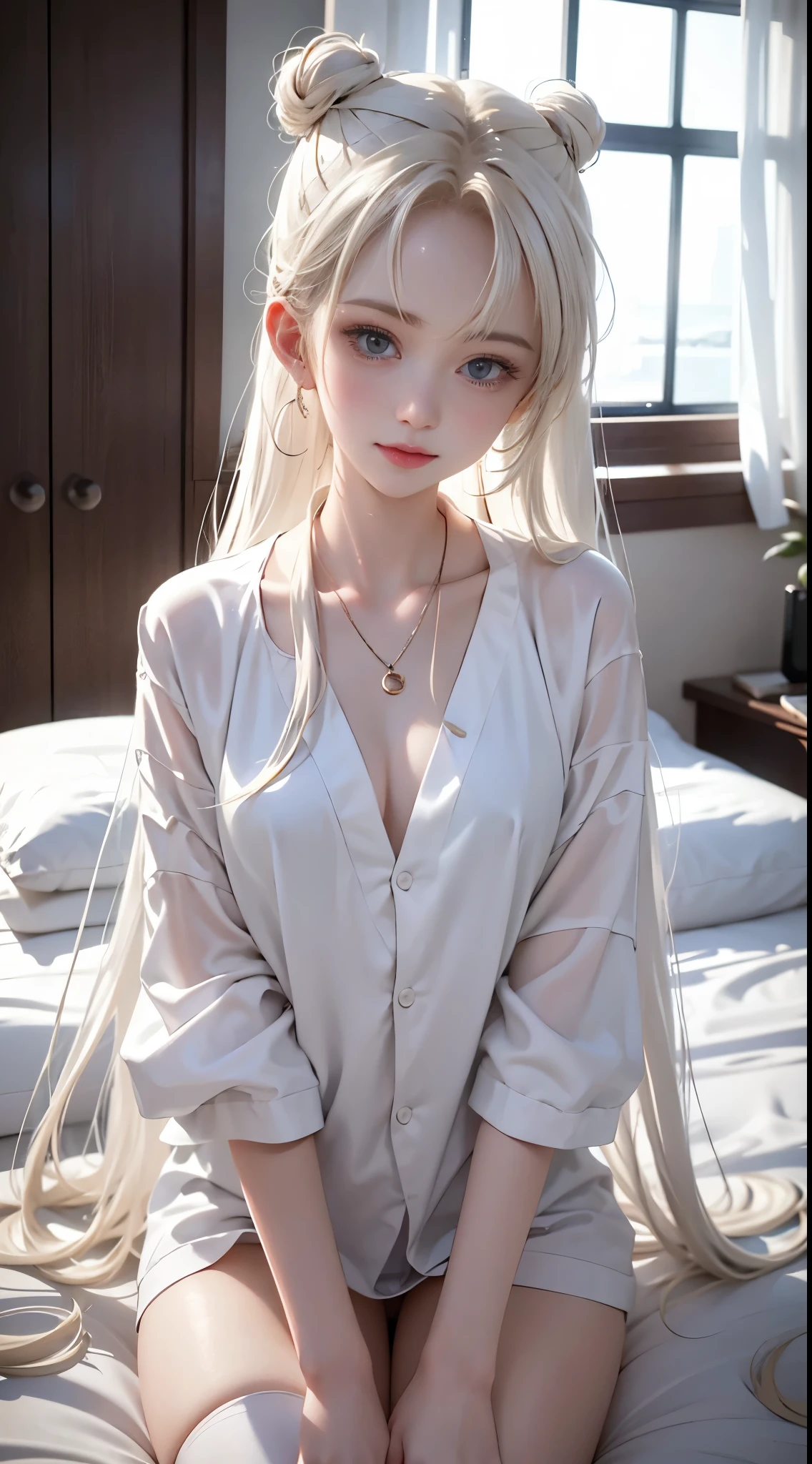 （in 8K、Raw photography、top-quality、hight resolution、​masterpiece：1.2)、White tones，white colors， tiny body，Petite，whaite hair，White hair，白いa bed，transparent silk pajamas ，Luxury cruise ship cabin、suite room、a bed、Clear skies、balconies