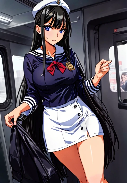 A beautiful woman with long black hair, big breasts, beautiful legs, and a sharp face is standing on a train in a sailor uniform with a white miniskirt, glaring at a middle-aged man in a suit behind her.。