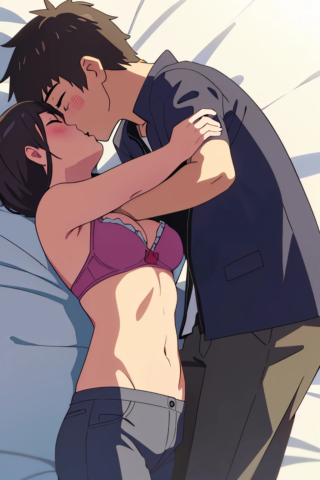 shinkai makoto, kimi no na wa., 1boy, buzzcut, blush, muscular, topless, gray pants, open arms for viewer, hug, buzzcut boy_on_top, lying, closed eyes, 1girl, bangs, bed sheet, black hair, blush, breasts, medium breast, closed eyes, red bow, short hair, white long sleeve shirt, open shirt, unbuttoned, navel, off shoulder, undressing, pink bra, pink panties, medium breast, parted lips, cowboy shot, groin, lying, medium breasts, on back, face to face, passionate hug, kiss, girl_on_below