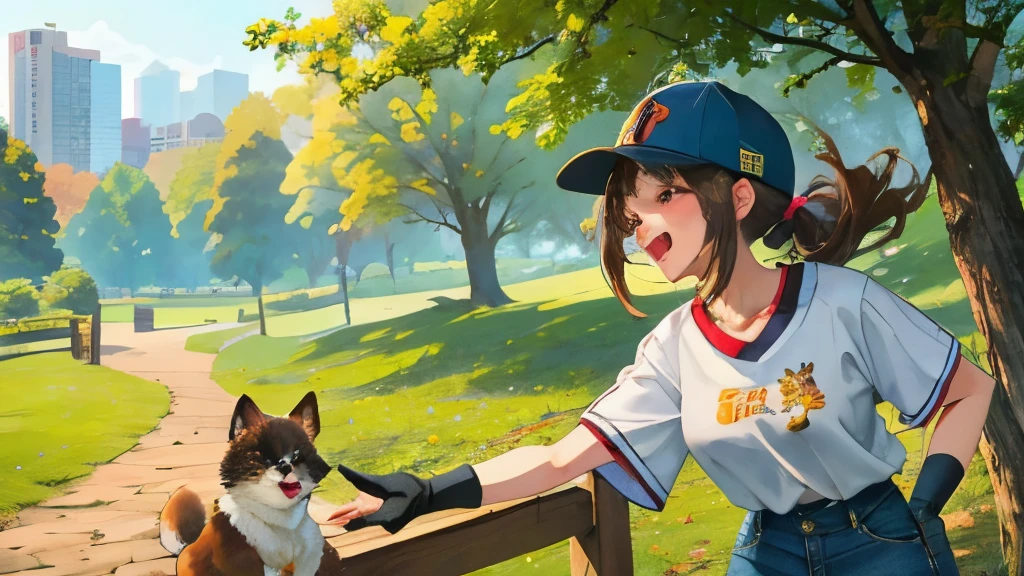 park,a park、(​masterpiece、top-quality:1.2), 独奏, 1girl in,Look at the audience laughing, Brown hair, poneyTail, white t-shirts, denim, Puffy Short Sleeves, Fingerless gloves, (Brown hair, Short hair, Bangs, Black Baseball Cap), detailed skin,Close-up shot,is standing,Harboring a Pomeranian