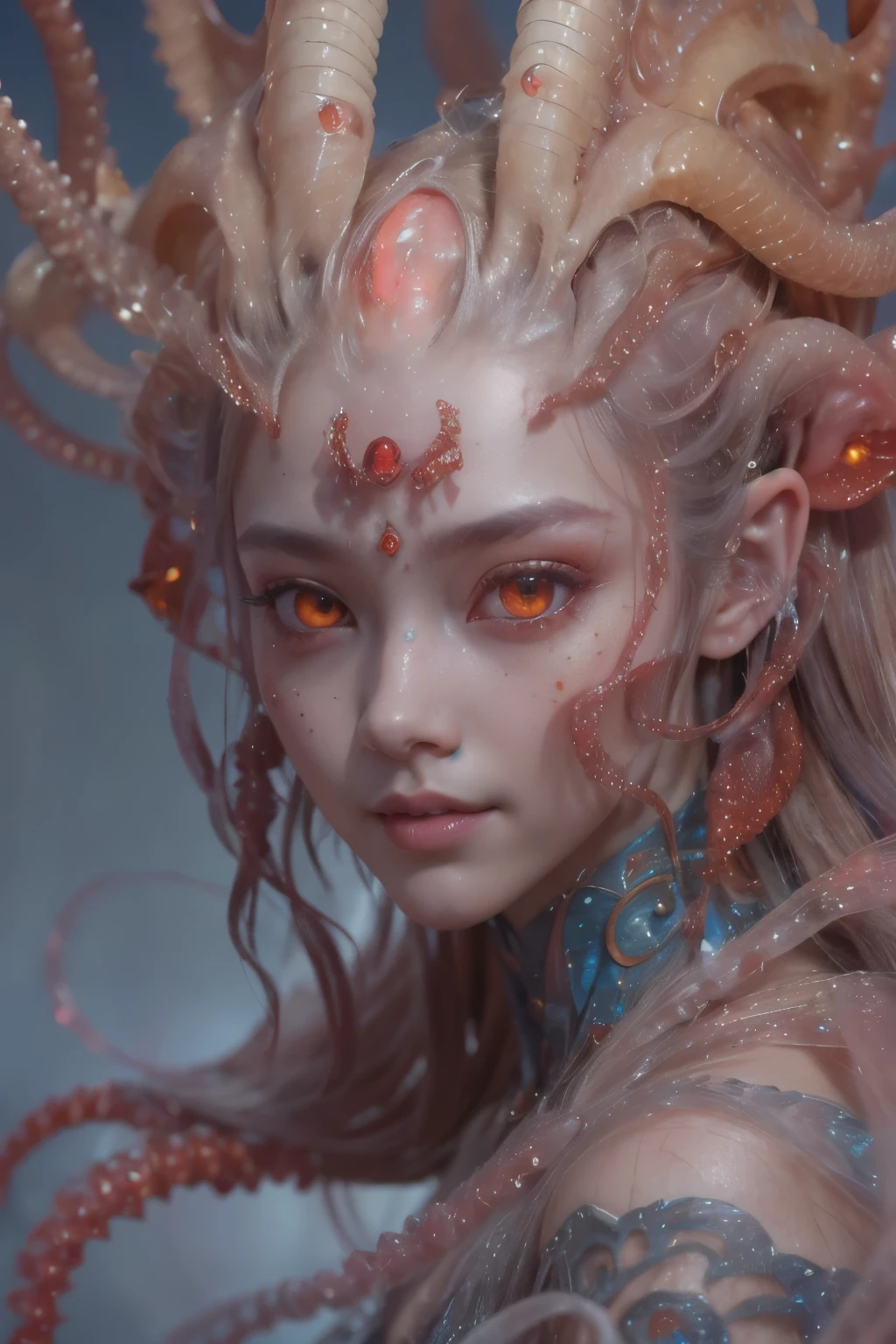 Portrait, (beautiful female alien:1.2),  (There is a female genital-like organ in the middle of the forehead:1.8), (The most beautiful face in the history of the universe:1.2), (scarlet eyes:1.6), (Translucent skin:1.8), an evil gaze that seduces , (red eyes:1.5), Full body like, (sexypose:1.5), alien, No humans, cells are fused, (Lots of translucent tentacles:1.1) (Translucent skin:1.3), extraterrestrial, cell, bio image, 魅惑的, Best Quality, 8K,4K_quality, high definition, Dramatic Lighting, masutepiece:1.5,cinematic quality, detail up, (Intricate details:1.2), high resolution, High Definition, drawing faithfully, (Thick eyebrows:1.2), Beautiful eyes with fine symmetry, (Ultra detailed eyes:1.2),(Highly detailed face and eyes:1.2), (High-resolution red-eye:1.4), Intimate face, (Super detailed skin quality feeling:1.4), Perfect Anatomy,  (Beautiful toned body:1.5),  (Moist skin:1.2), No makeup, (dark circles:1.1), long canines, cinematic drawing of characters, ultra high quality model, cinematic quality, detail up, (Intricate details:1.2), high resolution, High Definition, drawing faithfully, Official art, Unity 8K wall  , 8K Portrait, Best Quality, Very high resolution, ultra detailed artistic photography, midnight aura,  unreal engine 5, Ultra Sharp Focus, art by alberto seveso, ArtGerm, Roisch, intricate artwork, Medusa, best quality, masterpiece, ultra high resolution, (photos realistic：1.4), Ultra-realistic realism, dream-like,  nautilus, Creation of fantasy, Snail, Dream Snail,  biopunk nautilus, thrilling color schemes， Ultra-realistic realism， seductively smiling, blue tentacles