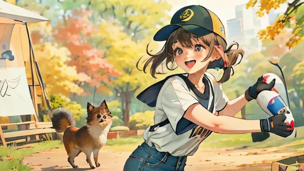park,a park、(masterpiece、top-quality:1.2), 独奏, 1girl in,Look at the audience laughing, Brown hair, poneyTail, white t-shirts, denim, Puffy Short Sleeves, Fingerless gloves, (Brown hair, Short hair, Bangs, Black Baseball Cap), detailed skin,Close-up shot,is standing,Harboring a Pomeranian
