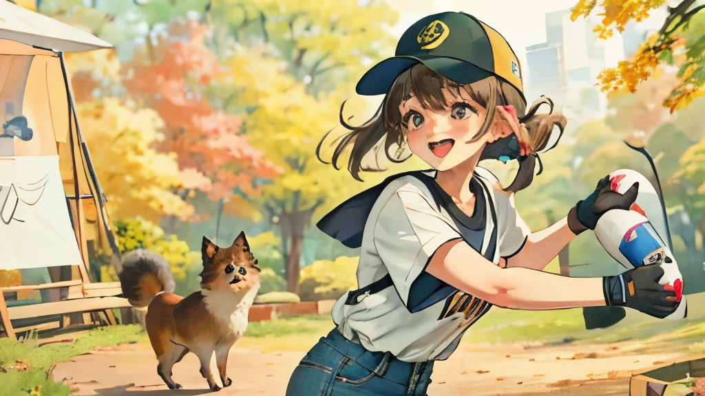 park,a park、(masterpiece、top-quality:1.2), 独奏, 1girl in,Look at the audience laughing, Brown hair, poneyTail, white t-shirts, denim, Puffy Short Sleeves, Fingerless gloves, (Brown hair, Short hair, Bangs, Black Baseball Cap), detailed skin,Close-up shot,is standing,Harboring a Pomeranian