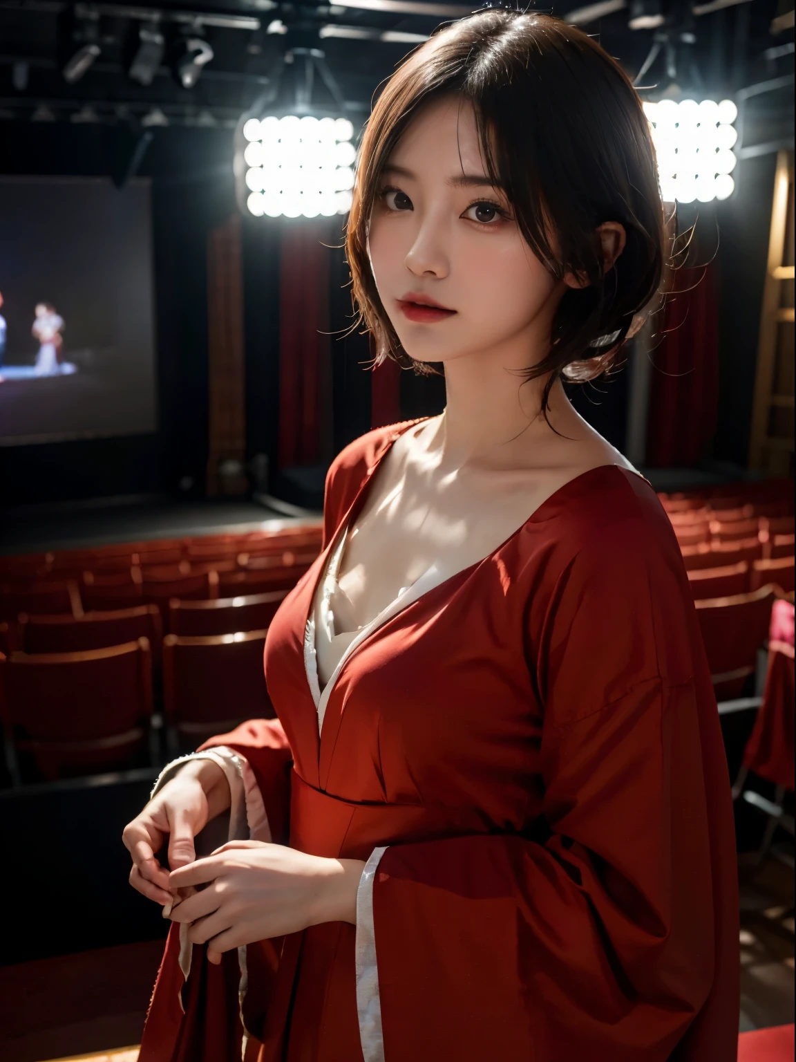 Spotlights on stage、actress in medieval dress、top-quality、hyper HD、奈良美智, Japanese Models, Beautiful Japanese wife with short hair, 27yo女性モデル, 4 k ], 4K], 27yo, sakimichan, sakimichan
