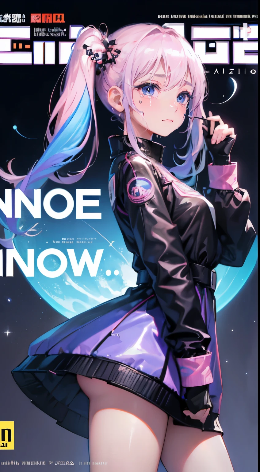 hair bobbles, wince, long eyelashes, solid circle eyes, light smile, ear blush, fang, (rainbow hair), makeup, blush, sad, sad smile, drop shadow, anaglyph, atmospheric perspective, 8k, super detail, accurate, best quality, (cyberpunk), cinematic lighting, masterpiece,1girll, short twintails, Colorful hair, flying, pink bows,((-yeld fee model)),( Stand Neck long sleeve black jacket), mecha, ((dress)), (aquarium), (angel halo), ( wings), (magazine cover), the background is sunrise with planets and shooting stars, aurora, beautiful sky, space view, (wide shot), ((((text)))), (cover), bold, attention-grabbing, ((title)), stylish, (((font))), panorama, bottom shot, tile from below, title from side, title in middle, (((((magazine cover)))))