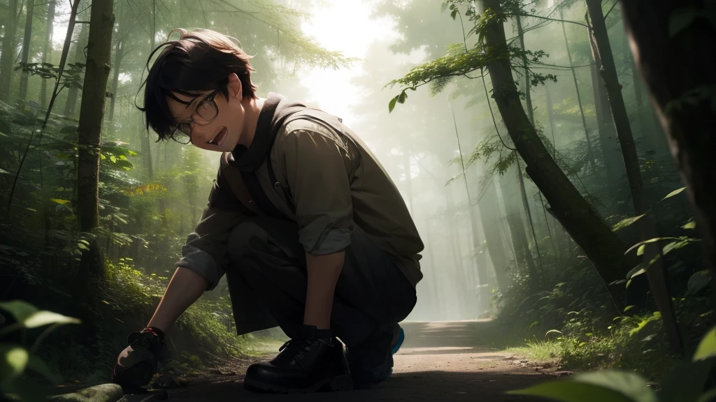 Create for me an art of a boy in a forest, the boy is laughin, dense and dark forest emanating fear, short yellow boy, wearing glasses,