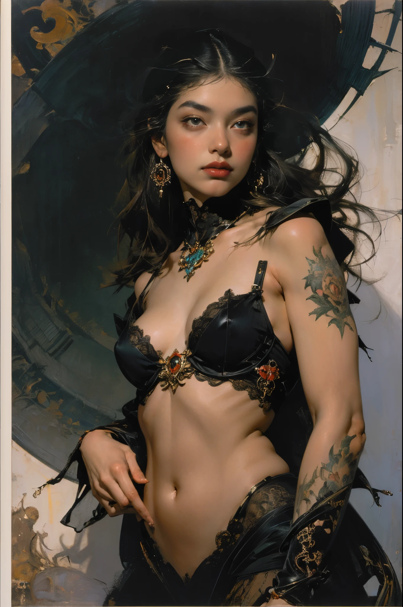 Mono Color,weight,NSFW,Upper body,A nude devil woman with a black and white body stocking dress holding a red lip stick,Satan,succubi,eBlue eyes,Clothes detailed patterns,lacivious pose,spread legitimacy,Detailed Gothic background,dark fantasy background,Inspired by Robert McGinnis, Inspired by Gretel Stern, Takato Yamamoto’s style, Guido Crepax, Guido Crepax-style, Amano, Vanya Zoravlev, inspired by Leonor Fini, Nagao Hidege, Inspired by Takato Yamamoto.Inspired by Klimt and Mucha. beautidful eyes, beautiful detailed lips, Extremely detailed eyes and face, Long eyelash quality:1.2), ultra - detailed, (actual:1.37), oil painted, Color contrast, A high resolution, Black and white dress, red lip stick, Inspired by Robert McGinnis, Inspired by Gretel Stern, Yamamoto Takashi style, Guido Crepax style, Amano-inspired, Vanya Zoravlev-inspired, Leonor Fini'of inspiration, Nagao Hidege-inspired, Inspired by Takato Yamamoto, vibrant with colors, dramatic lights, eye-catching composition, fun atmosphere, Feminine elegance.fege oil corp.,painting of a,Impresionismo
