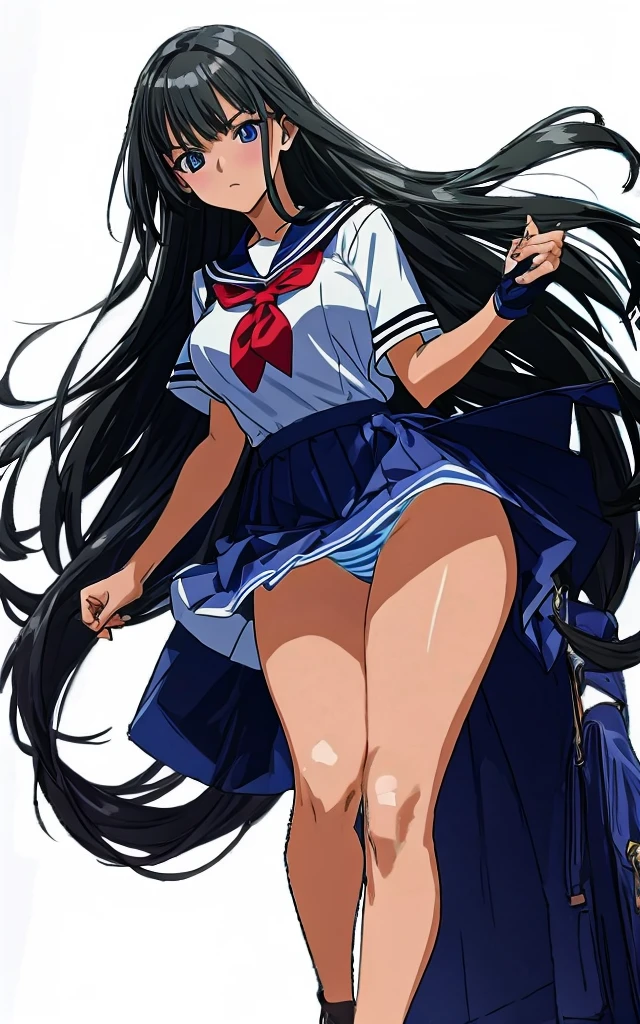 A beautiful woman with long black hair, big breasts, beautiful legs, and a sharp face is wearing a sailor uniform with a white miniskirt, showing light blue and blue striped panties, and confronting a middle-aged man in a suit on the train.。