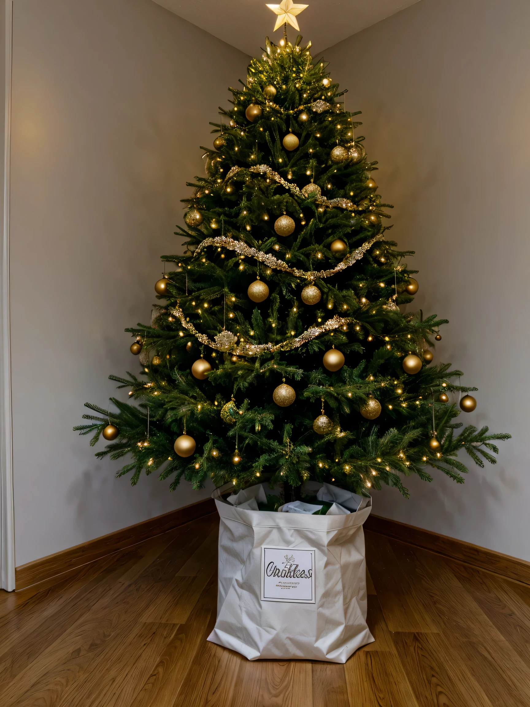 A Christmas tree, full of gifts, 3 black bags