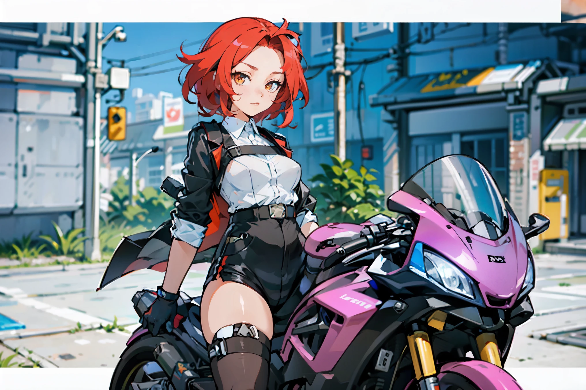 1girl, young woman, solo, short hair, Small hair, (forehead:1.2), yellow eyes, sharp ocular posture, (scarlet red hair), Athletic, muscular, medium breasts, (cropped jacket, black jacket), white shirt, collared shirt, (chest harness, shoulder strap:1.15), black leather shorts, pantyhose 7/8, garter belt, gloves, elegant, looking at viewer, sitting on a Motorcycle in a garage, super Realistic bike, sitting on the side, masterpiece, best quality, 4k