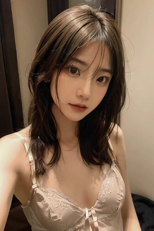 ((1girl in)),Light Brown Fringe Hair、straight haired、disheveled hair、Light brown eyes、(dignified expression)、((an lingerie))、(:1.4)、Emphasize the valley、Bedroom、Selfie、(Photorealsitic)、(intricate detailes:1.2)、(​masterpiece、:1.3)、(top-quality:1.4)、(超A high resolution:1.2)、超A high resolution、(A detailed eye)、(detailed facial features)